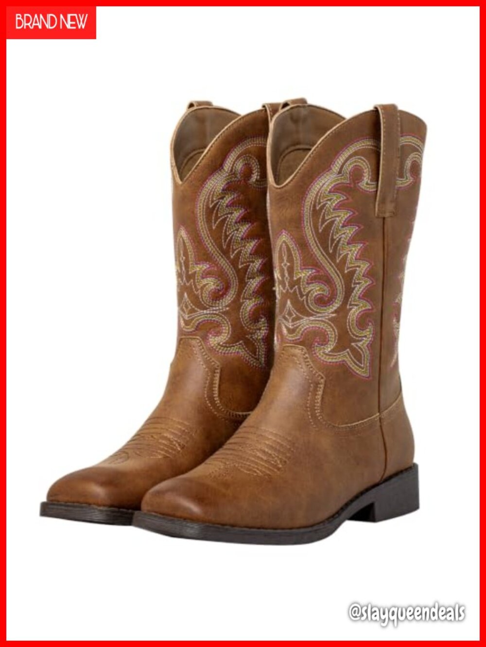 Faux Leather Square Toe Cowboy Boots Embroidery Mid-Calf Pull-On